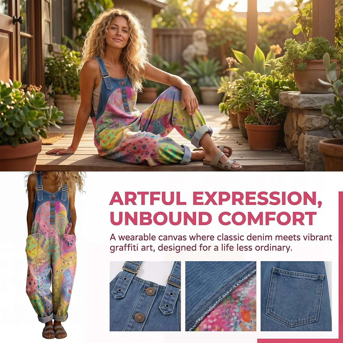 Jeans Latzhosen für Damen Bunte Jumpsuits Patchwork Muster Floral Oversize Hosen Romper Lässiger Bauch Kaschieren Streetwear Y2K Mode Denim Style Leichte Atmungsaktive Freizeithose