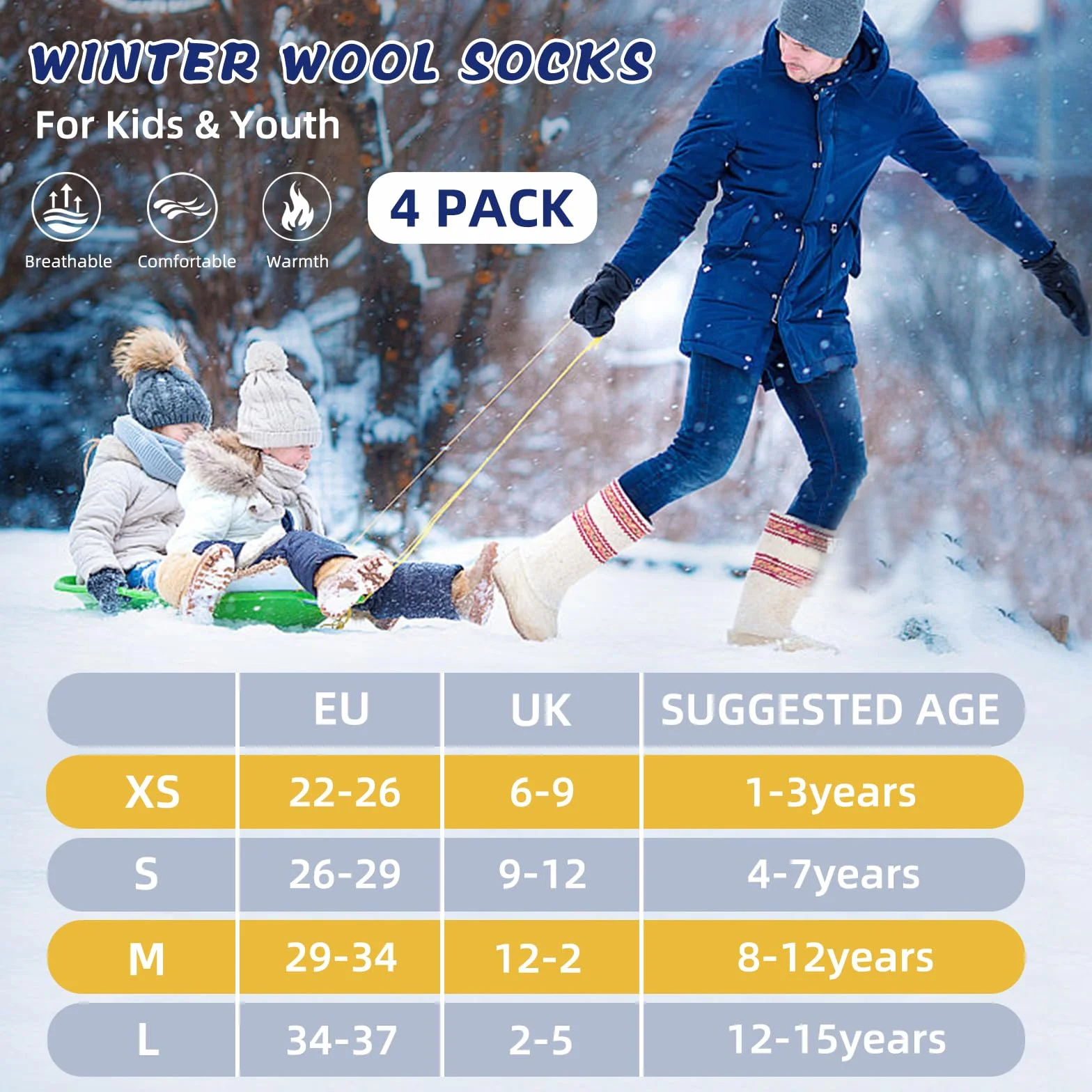 Vihir 4 Paar Wolle Socken Kinder Jungen - Crew Wolle Sportsocken Warme Wintersocken Dicke für Skifahren, Trekking, Wandern 22-26, 26-29, 39-34, 35-38
