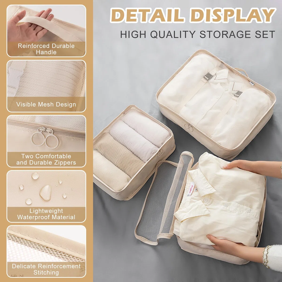 Koffer Organizer Set 13-teilig, Wasserdicht Packing Cubes, Multifunktionale Travel Packwürfel, Kofferorganizer Packtaschen für Koffer, Reise Organizer Set Mit Kleidertaschen (Beige)