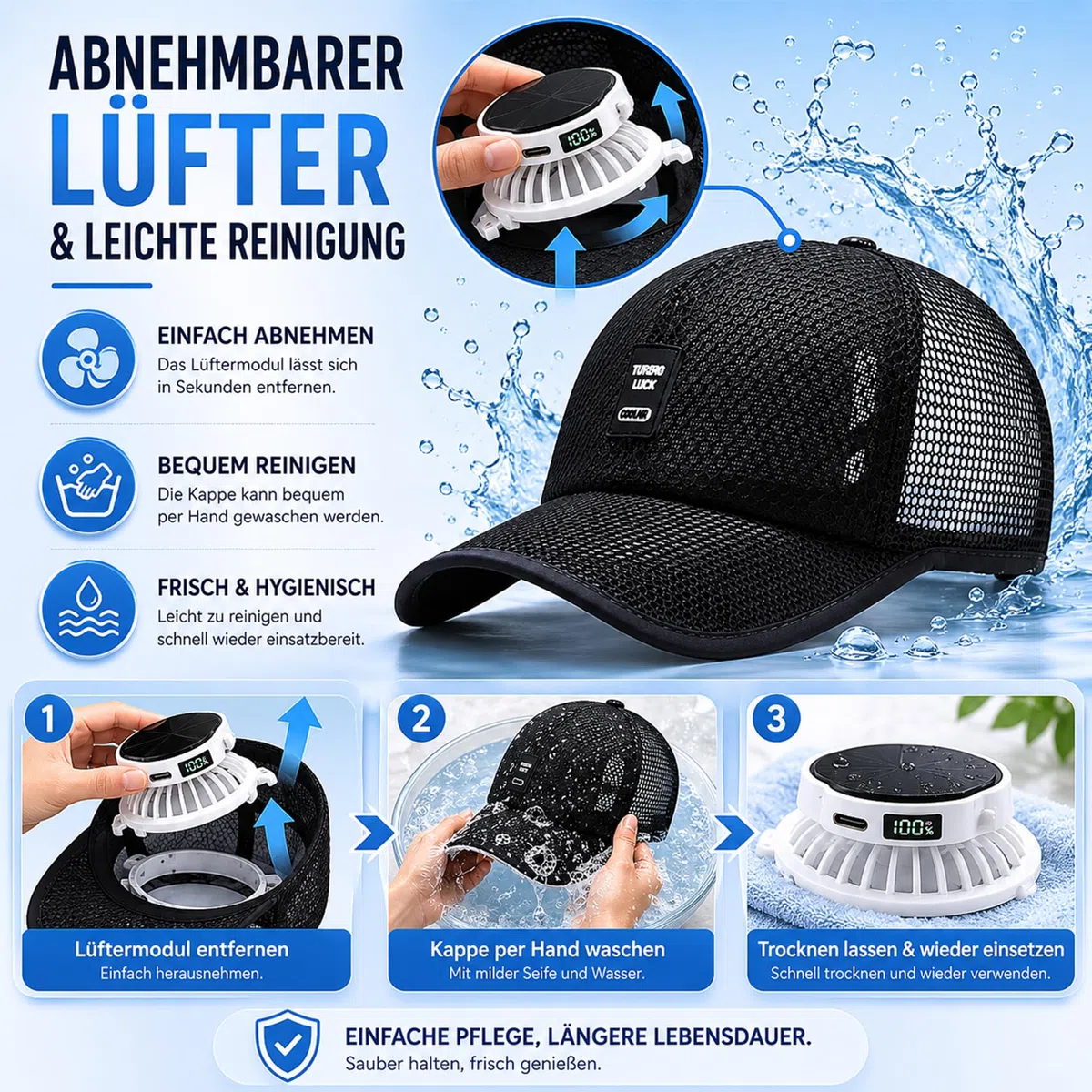 Mütze mit Ventilator, Cap mit Ventilator Solar, USB Aufladbarer KüHl-Sonnenhut, Verstellbarer Sonnenhut für Outdoor-Camping, Radfahren und Angeln