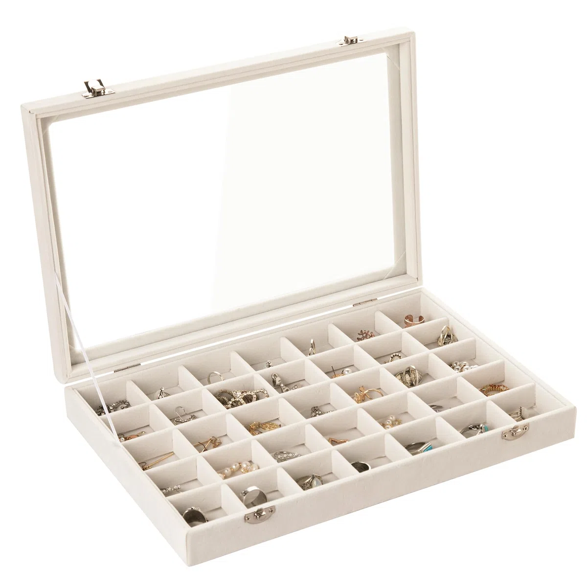 Frebeauty Samt Schmucktablett 35 Gitter Schmuck Organizer mit durchsichtigem Deckel Transparenter Ohrring Organizer Halter Fall für Ringe Ohrstecker Geschenk für Frauen Mädchen (Beige 35 Gitter)