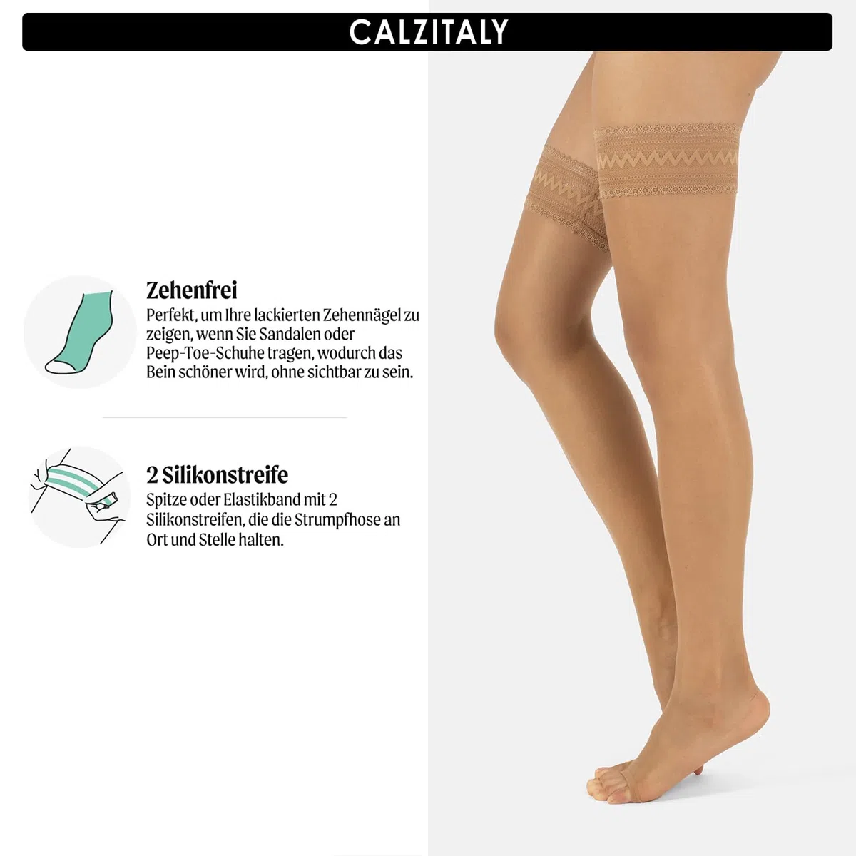CALZITALY Zehenfreie Halterlose Strümpfe | Open Toe Halterlose Peep Toe | Sommer Feine Halterlose | 10 DEN | S-M, L-XL | Schwarz, Hautfarbe | Made in Italy