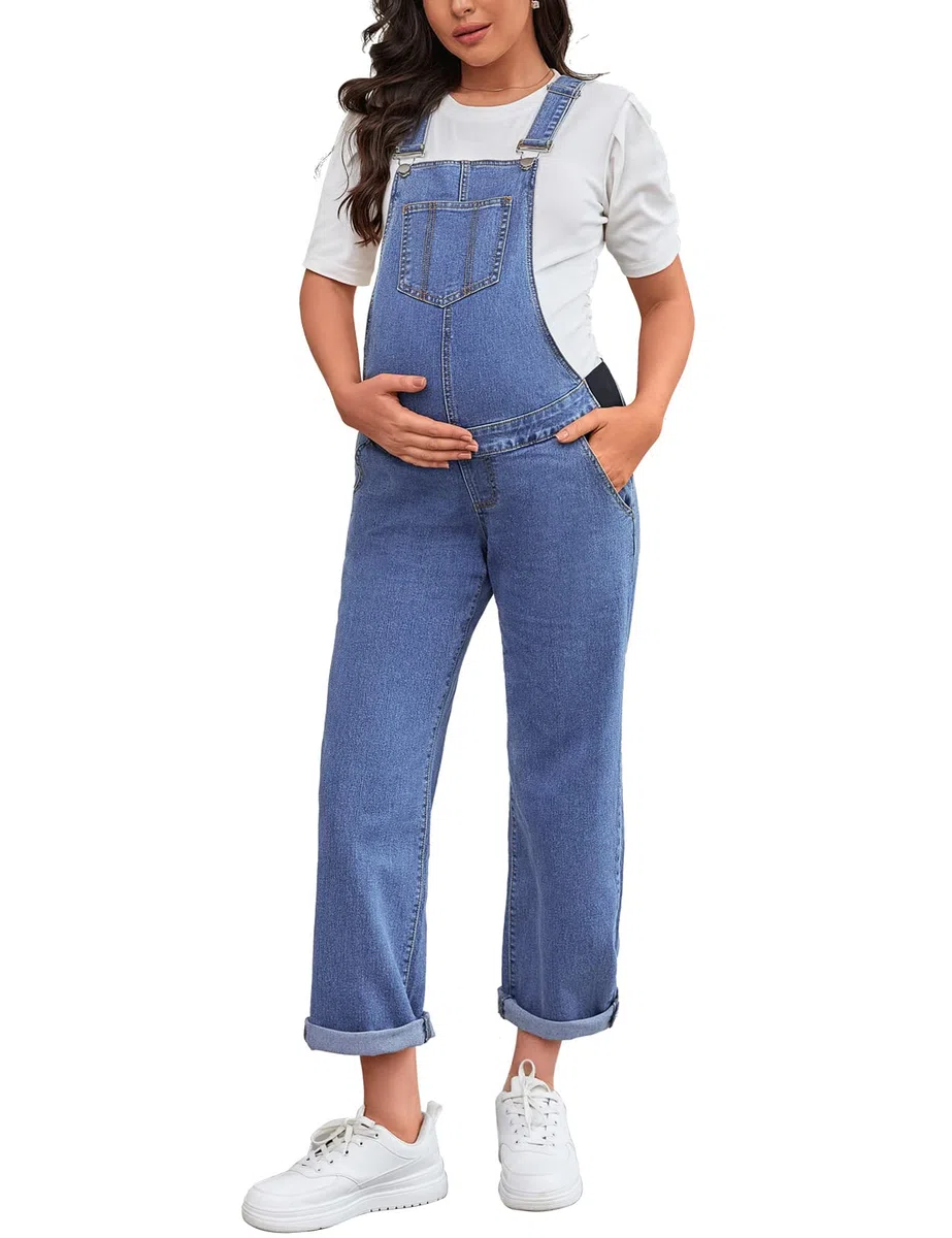 Umstands-Overall, Lätzchen, gerades Bein, knöchellang, Umstands-Denim-Overall für Schwangere