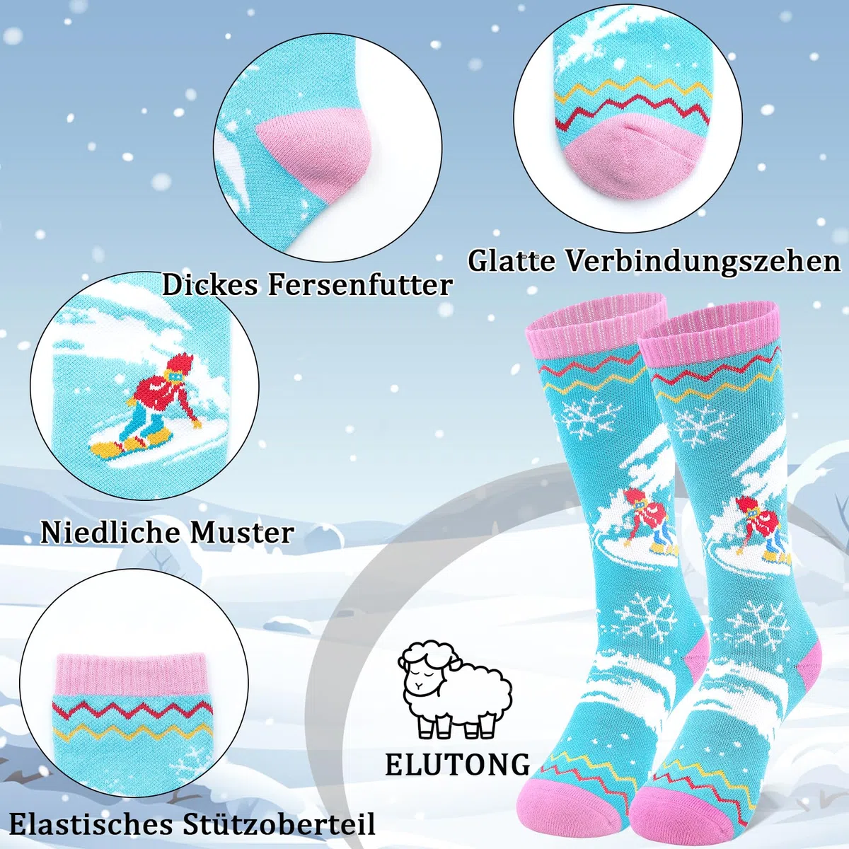 ELUTONG Kinder Skisocken, 2 Paare Jungen und Mädchen Warme Skisocken mit Sonnenaufgangs und Schneemannmotiven für Kinder 3-5 Jahre (Himmelblau)