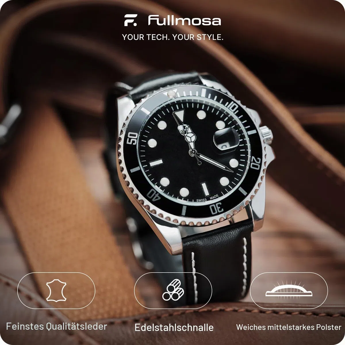 Fullmosa 12 Farben 22mm Uhrenarmband,12/14/16/18/19/20/24mm Vintage Lederarmband Ersatzrmbänder für Smartwatch und Universal-Uhr mit Edelstahl Schließe für Herren,22mm Uhrband Schwarz