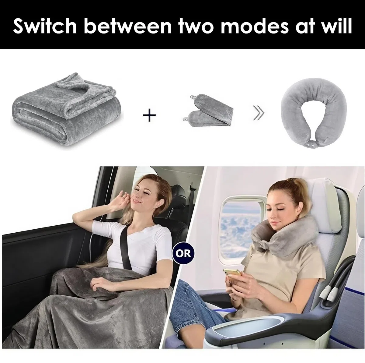 Reisedecke Ultraleicht Warm, Reise Flugzeug Auto Gadgets, Nackenkissen Nackenrolle Dünne Decke Faltbar 3-In-1-Set Fleece, für Reisen, Camping, Büros Zuhause