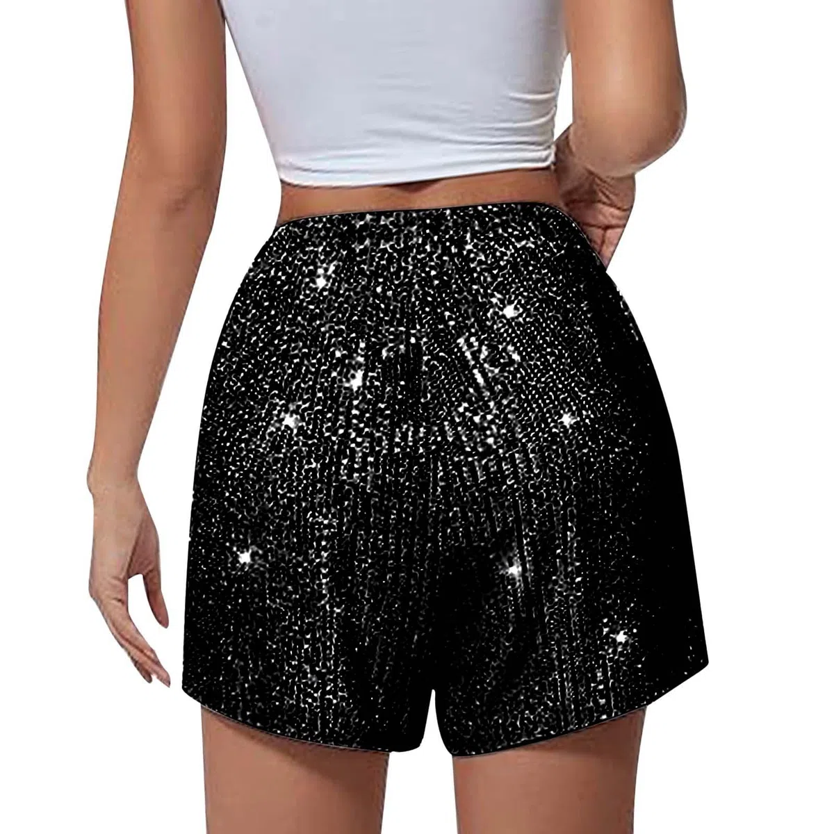 Generisch Damen Pailletten Shorts Glitzer Hohe Taille Hot Pants Elastisch Hotpants Casual Lose Kurz Hose für Bar Shows Party Nacht Club Tanz Karneval Kostüm Schwarz