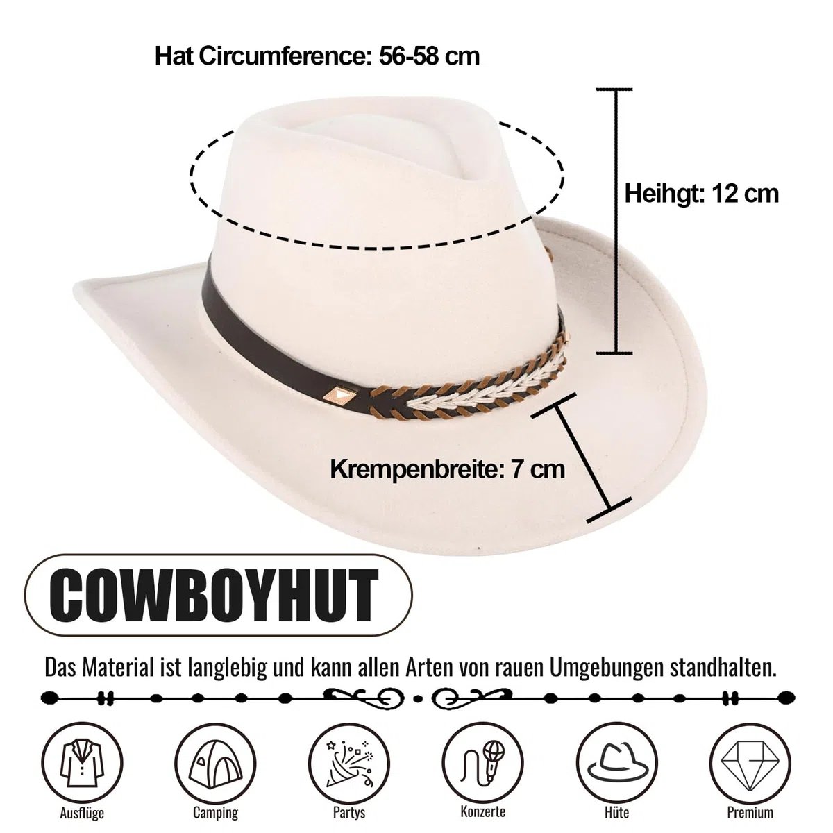 MYKAGS Klassischer breiter Rand Denim Cowboy Hut Unisex Western Retro Stil Perfekt für Camping Gartenbau Urlaub Komfortabel Langlebig Mode Zubehör für Outdoor Abenteuer Reisen (Weiß)