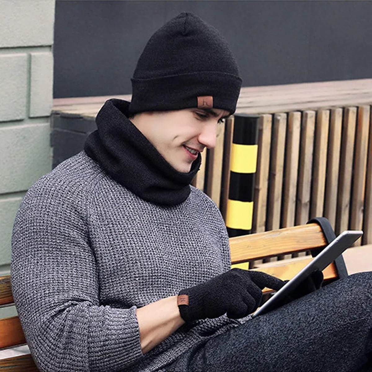 Mütze Herren Damen Wintermütze Schal Touchscreen Handschuh Set, Beanie Strickmütze Winter Loop Schal mit Fleecefutter Warmemütze Schlauchschal Handschuhe für Herren Damen