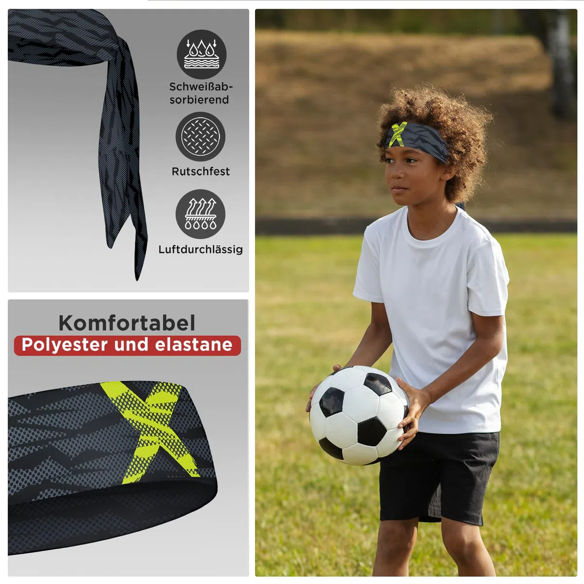 Kinder Sport Haarband, Bandana, Stirnband, für Kinder, Jungen und Mädchen (NeonX Weiß/Schwarz Doppelpack, Kinder)