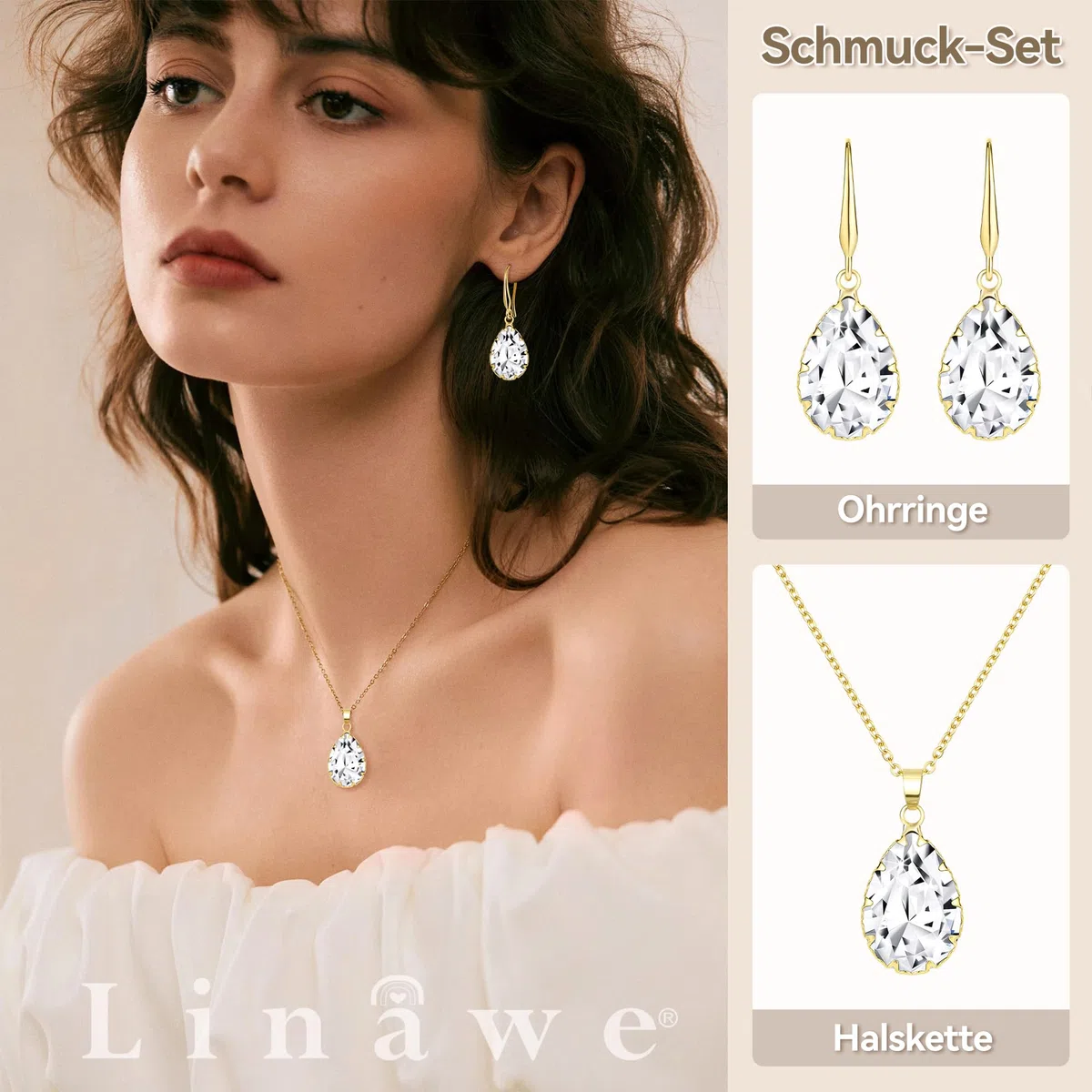 Linawe Schmuck Set, Brautschmuck Hochzeitsschmuck Braut Jewellery, Damenohrringe Ohrringe Hängend und Anhänger Kette Halskette Damen, Erhältlich in Silber, Gold und Roségold