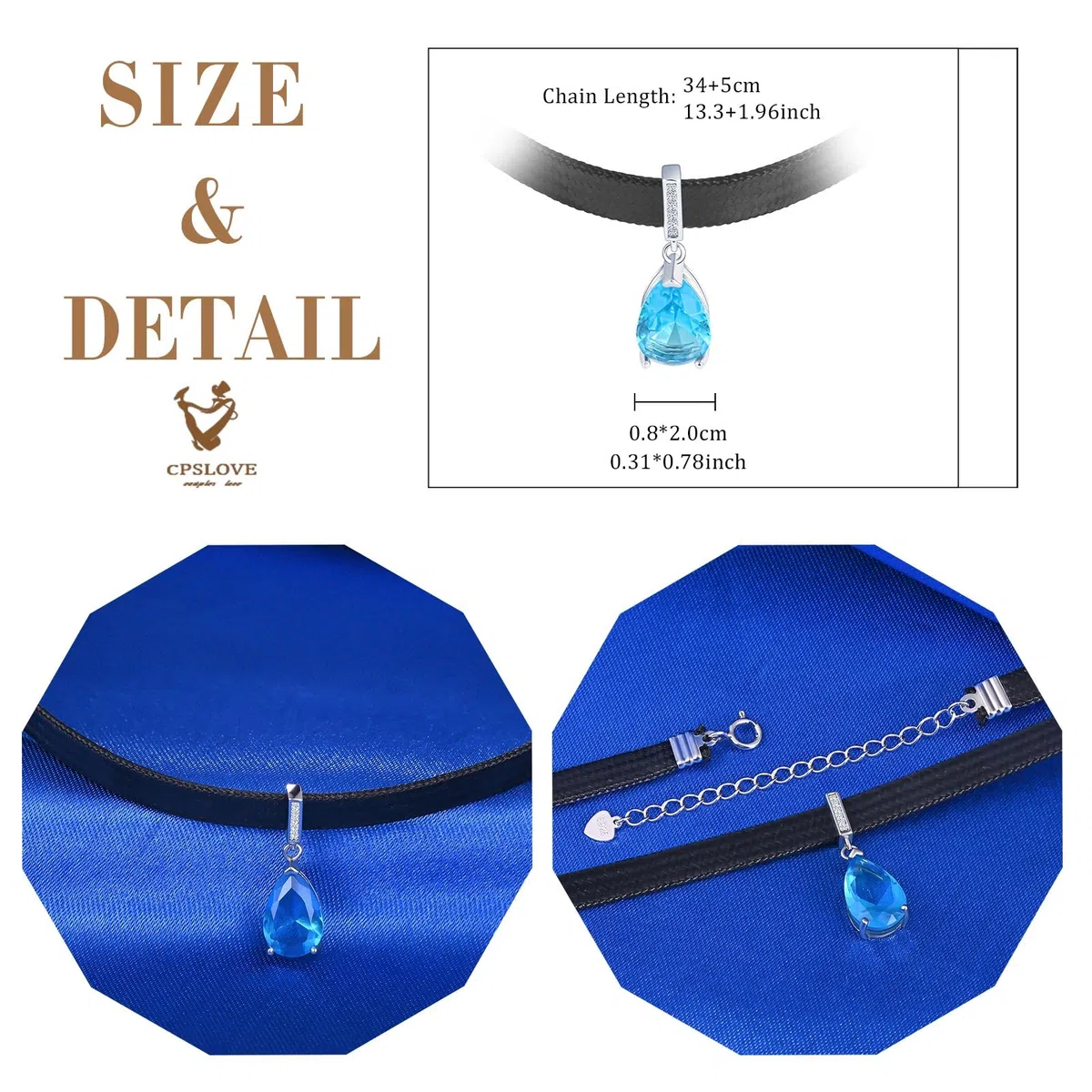 Fashion Damen Halsreife Halskette 925 Silber Ketten mit Blauer Teardrop Zirkonia Anhänger für Mädchen Elegante Choker Ketten mit Schwarze Lederkordelkette