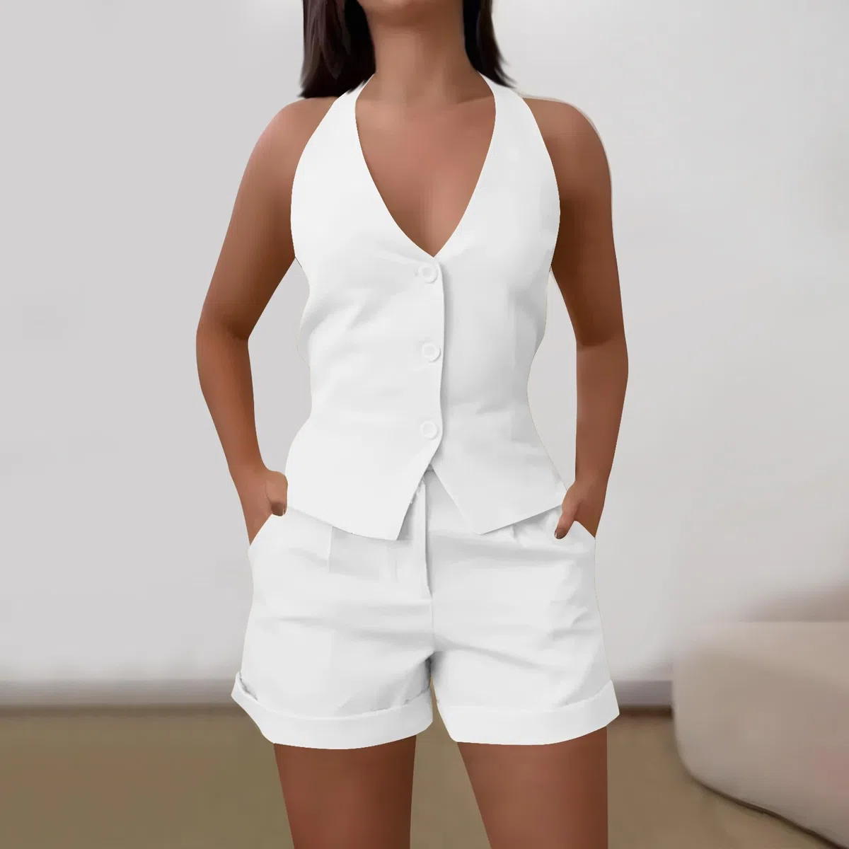 NSICBMNO 2-teiliges Outfit für Damen, formelles Co-Ord-Set, Shorts, Lounge-Set, ärmellos, V-Ausschnitt, Weste, maßgeschneiderte Shorts mit Taschen, Flughafen-Outfit, lässiger Trainingsanzug für Büro