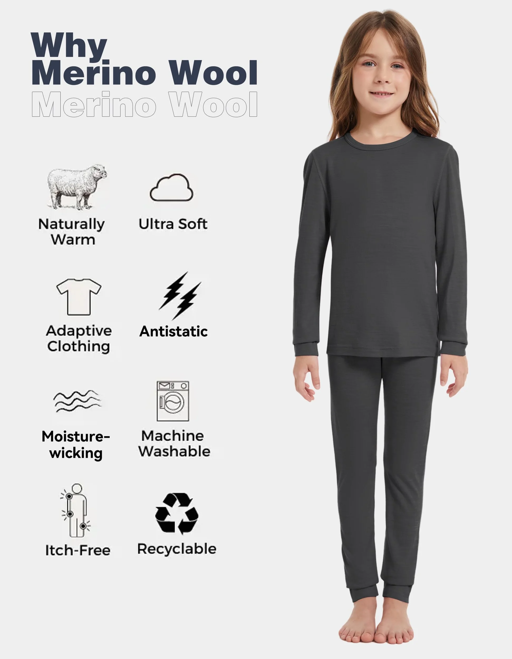 Thermounterwäsche Kinder Unisex, 100 % Merinowolle Set für Jungen & Mädchen, Skiunterwäsche Winter, Warm & Bequem