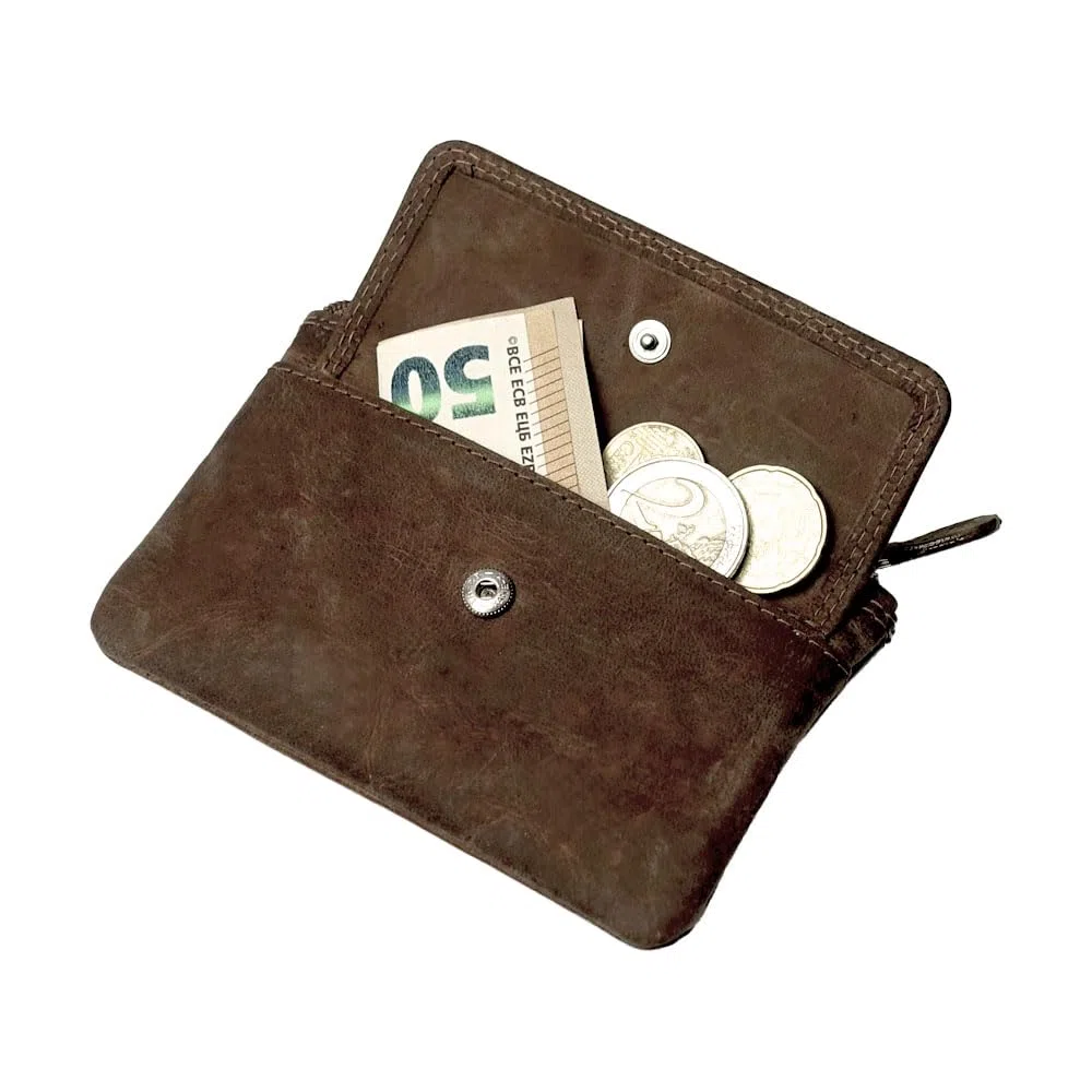 Schlüsseltasche Leder braun Schlüsseletui Leder Schlüsselmäppchen Büffel braun für Damen und Herren + Karabiner und 2 Schlüsselringe + Münzfach