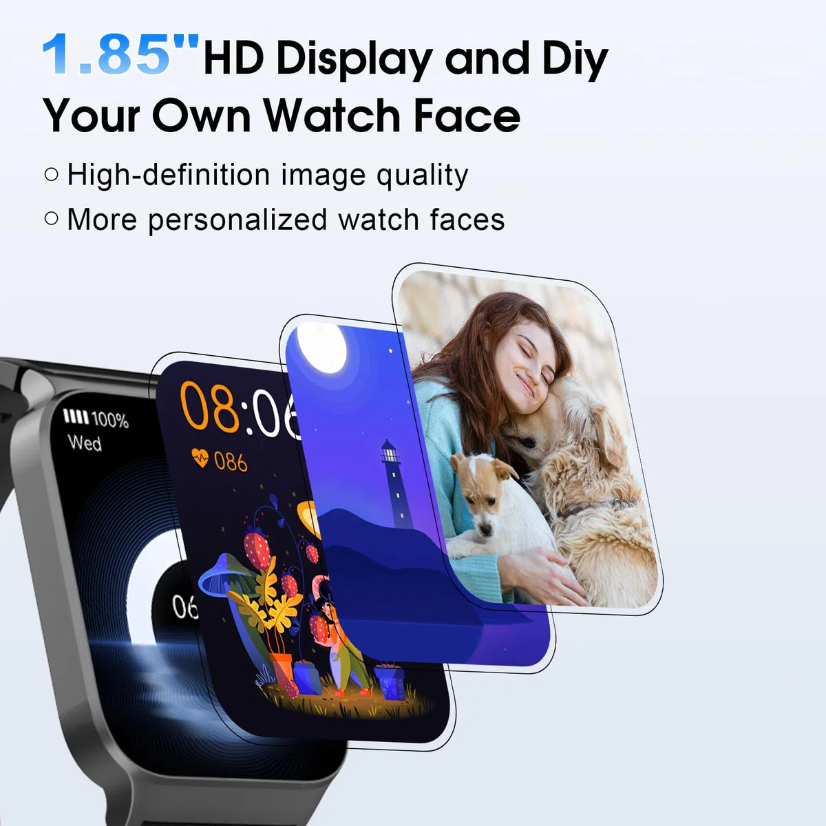 Smartwatch Herren Damen, 1,85" HD Touchscreen Smart Watch mit Telefonfunktion, 100+ Sportmodi Sportuhr mit Schrittzähler/Herzfrequenzmonitor/Schlafmonitor, IP68 Wasserdicht Fitnessuhr, Tiefschwarz