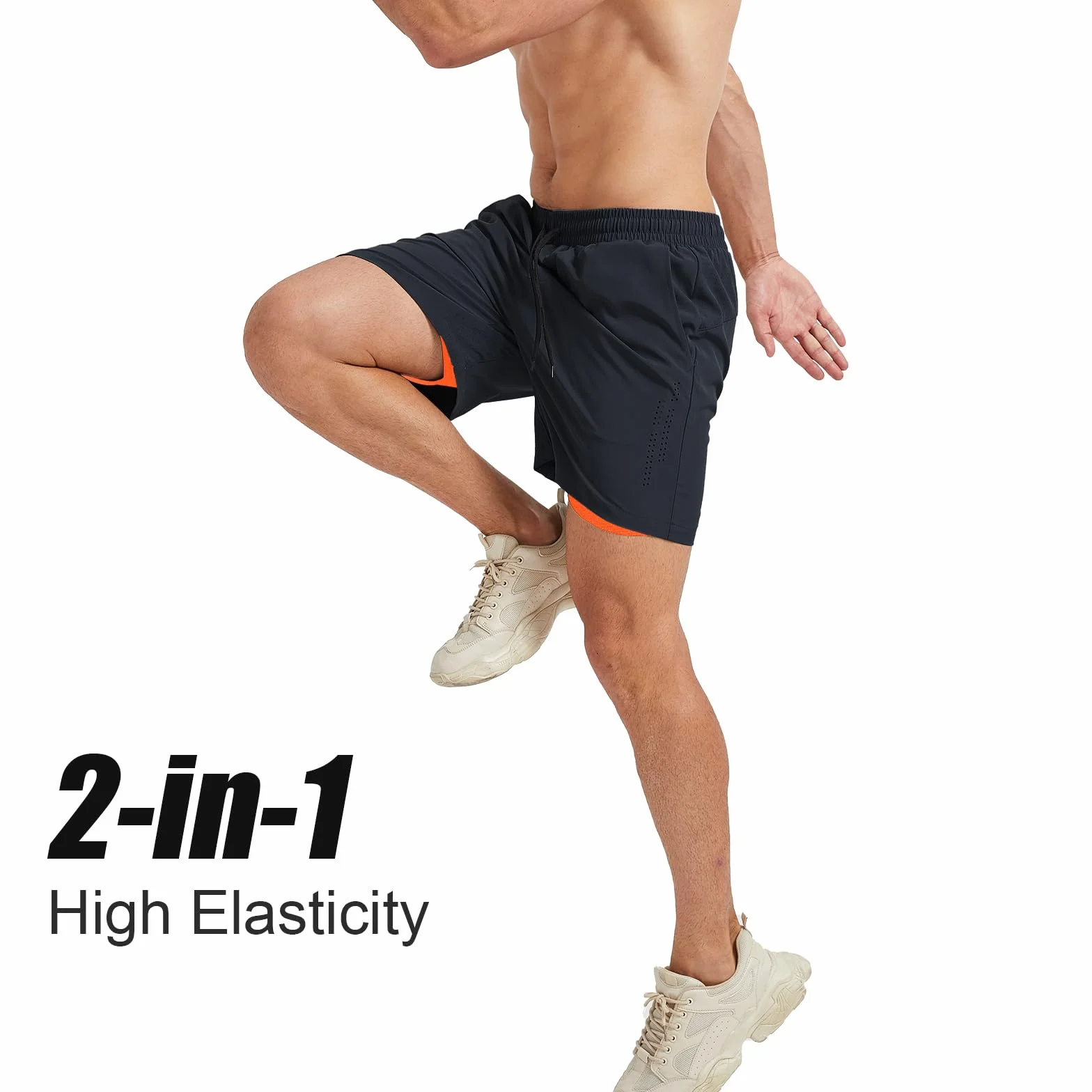 Herren Sporthose Kurz Laufshorts Kurze 2 in 1 Running Shorts Mit Eingebaut Taschen