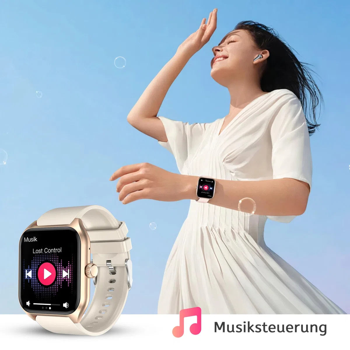Bliknes X5 Smartwatch 1,96 Zoll für Damen Herren mit Telefonfunktion und Benachrichtigungen, kompatibel mit Android und iOS, Schlafmonitor, Schrittzähler, Fitness Tracker (Beige Gold)