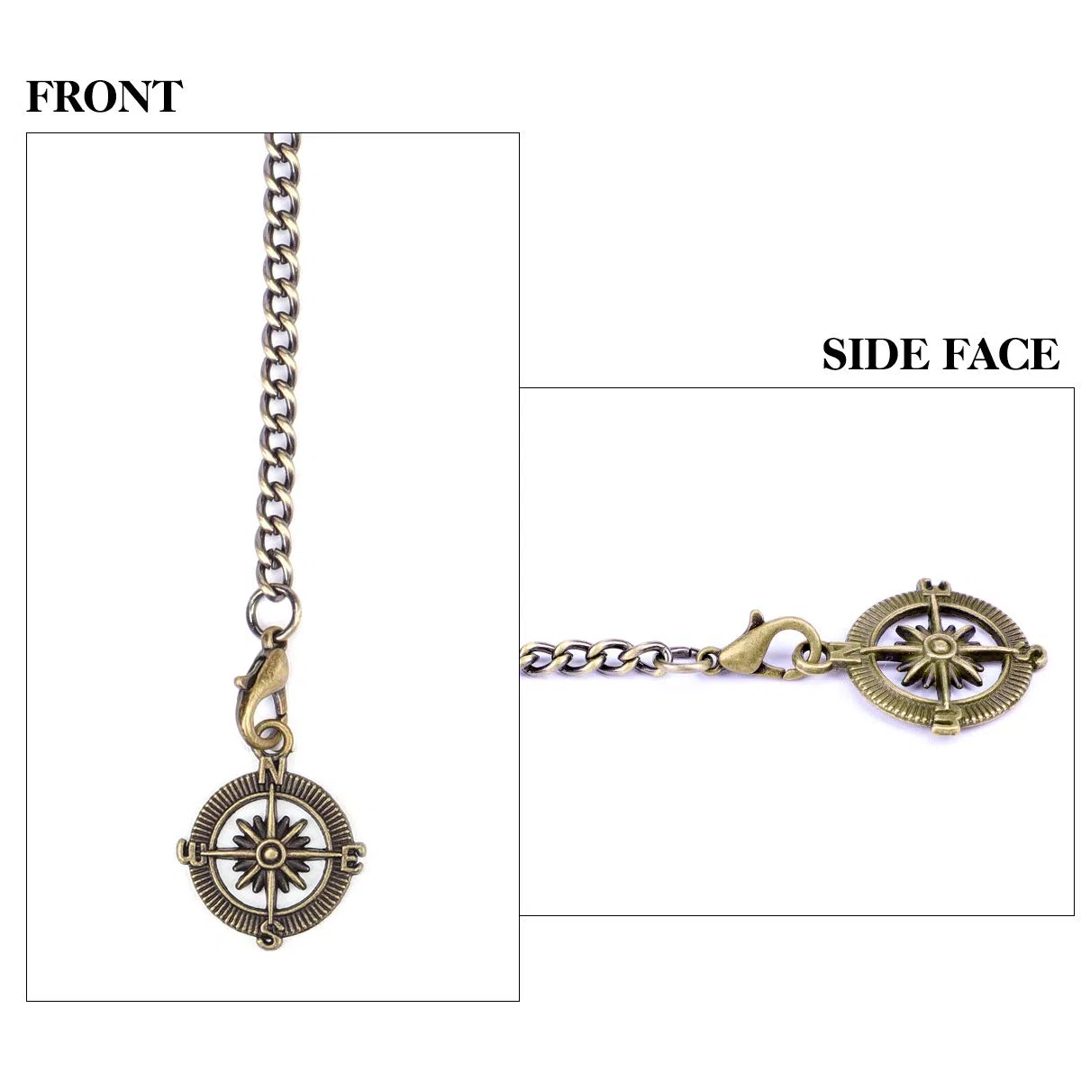 ManChDa Albert Chain Taschenuhr, T-Kette mit Kompass Anhänger, Curb Link Chain Kette 2 Haken, antike T-Bar für Herren