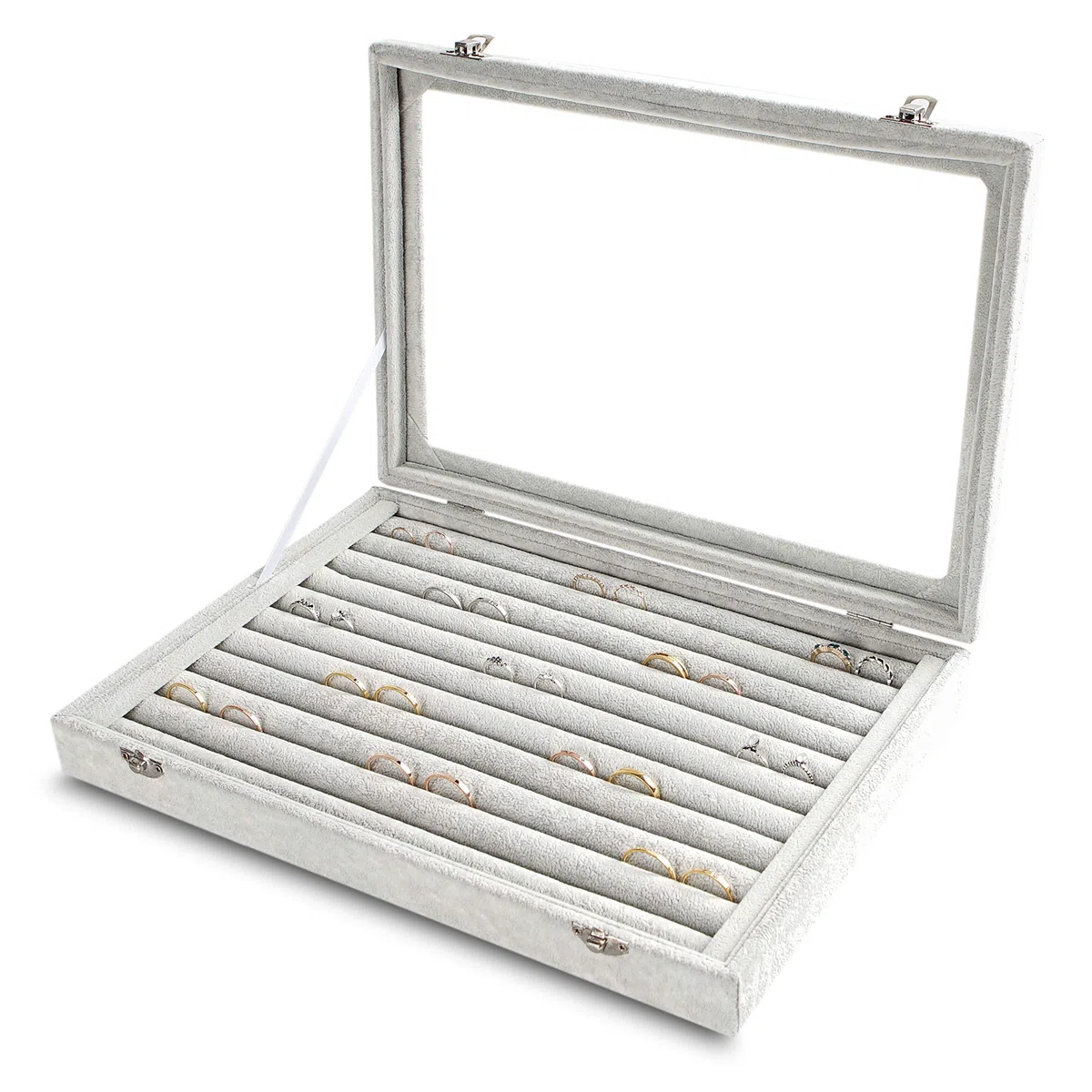 Frebeauty Ringe/Ohrringe Organizer Tablett mit klarem Deckel 10 Slots Samt Schublade Einsatz Schmuck Aufbewahrungsbox mit transparentem Glasdeckel Schmuck Vitrine Geschenk für Frauen (Grau, 10 Slots)