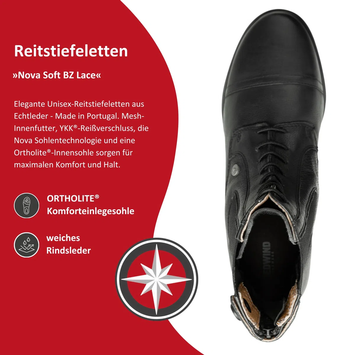 SUEDWIND FOOTWEAR Reitstiefeletten Nova Soft BZ Lace - Rindsleder Reitschuhe – Unisex Paddock Stiefeletten m. Schnürung, Mesh-Lining, Nova-Gummisohle & Reißverschluss hinten – schwarz – 25-46