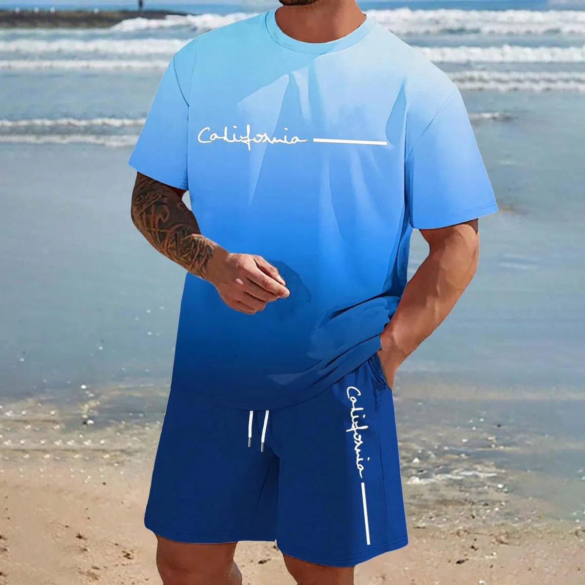 Trainingsanzug Herren 2 Teiler Sommer Outfit Jogginganzug Farbverlauf Aufdruck Zweiteiler Freizeit Sportanzug Komfort Kurze Hosen + T Shirt Set Bequeme Freizeitanzug Männer Sportbekleidung Sets