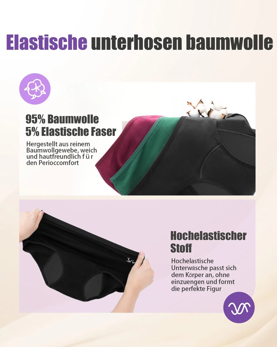TANSTC Periodenunterschwäsche Starke Blutung Perioden Unterwäsche Menstruationsunterwäsche Mädchen 60ML Auslaufsicher Periodenslip Baumwolle Periodenwäsche, 3er Pack