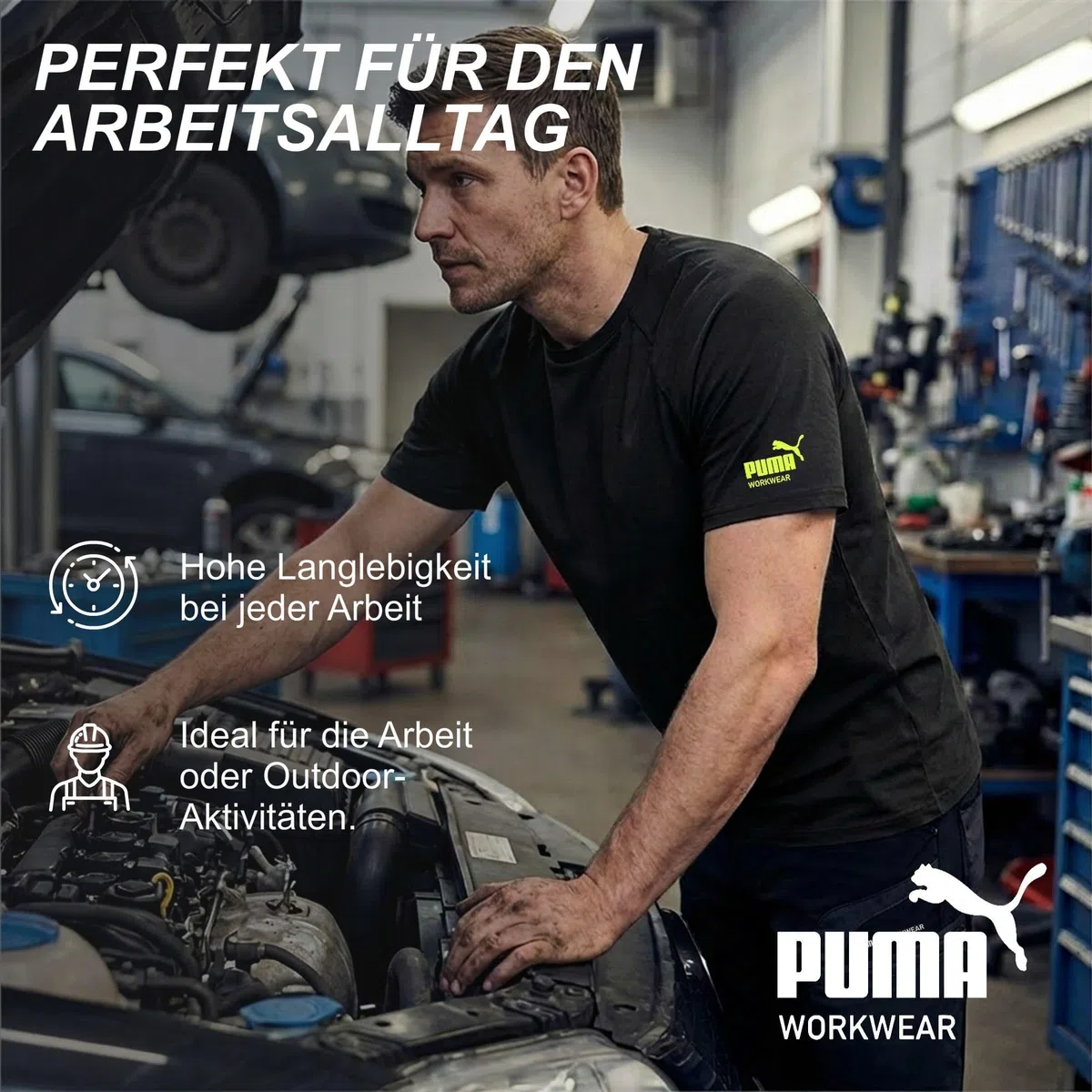 PUMA Workwear Herren Shirt aus 100% Baumwolle - Strapazierfähiges und atmungsaktives Gewebe - Bequeme Passform - Rundhalsausschnitt - T-Shirt für Handwerk Logistik und Werkstatt