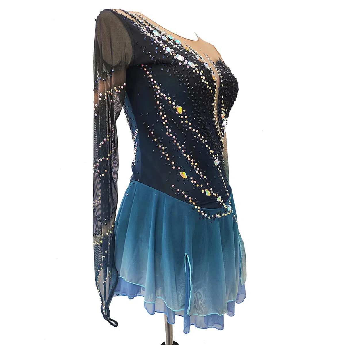 JRUIA Eiskunstlauf Kleid Für Damen Eislaufbekleidung Für Mädchen Dunkelblaues Halo Färben Elastizität Professionelle Wettkampf Skating Bekleidung Kristall Warmes Langarmshirt