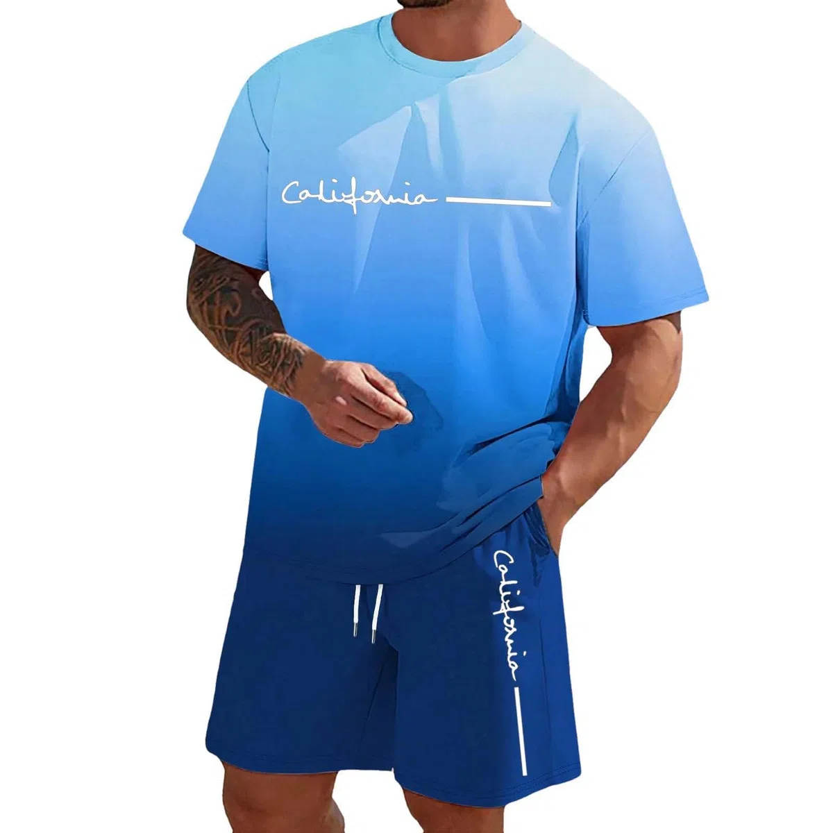 Trainingsanzug Herren 2 Teiler Sommer Outfit Jogginganzug Farbverlauf Aufdruck Zweiteiler Freizeit Sportanzug Komfort Kurze Hosen + T Shirt Set Bequeme Freizeitanzug Männer Sportbekleidung Sets