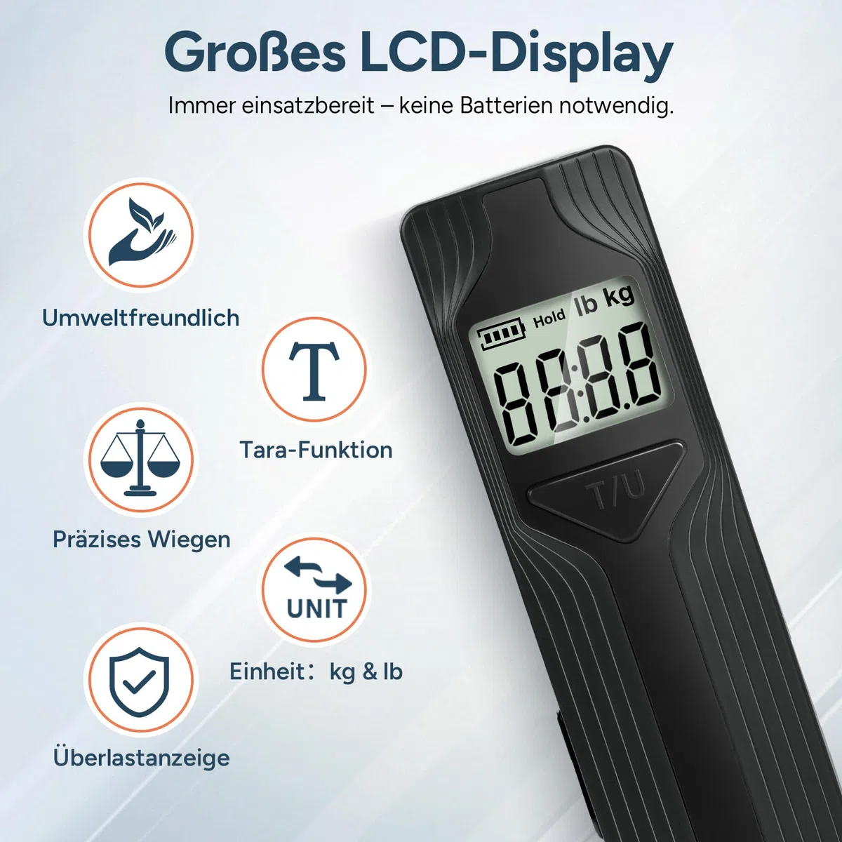 travel inspira Kofferwaage ohne Batterie – Digitale Kofferwaage mit Haken bis 50 kg, Handkurbel-Reisewaage, LCD-Display, Tara & Hold-Funktion (Schwarz)