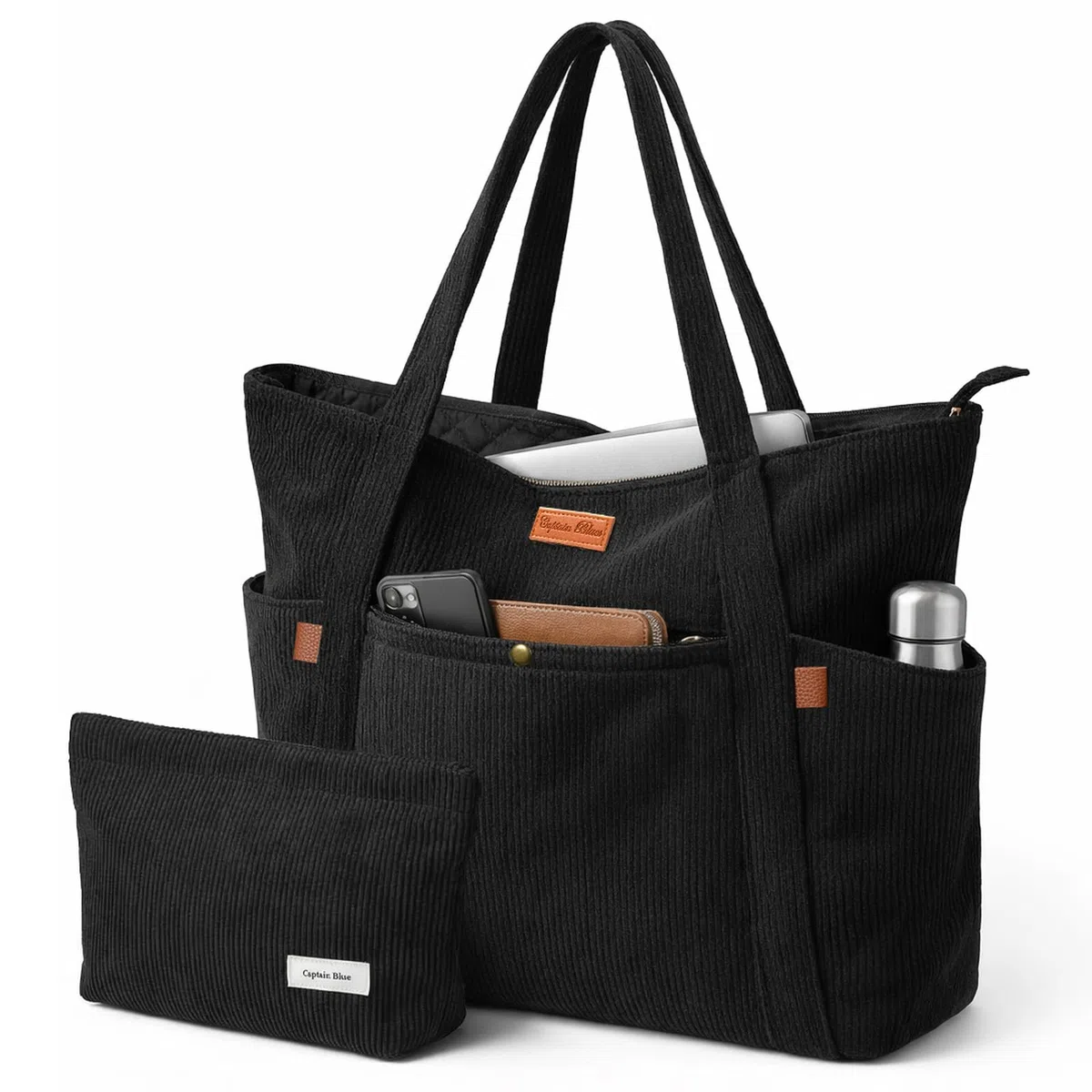 Captain Blues Cord Tasche Damen, Große Tote Bag mit Laptopfach, Shopper Tasche Damen mit Reißverschluss und weichem Baumwollfutter, Strandtasche, Arbeitstasche für Uni, Schule, Lehrer
