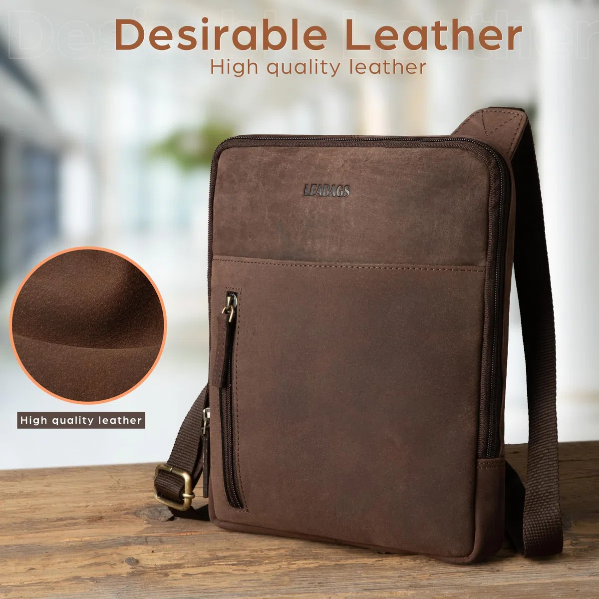 LEABAGS Men's Leather Small Shoulder Bag Messenger Travel Bag