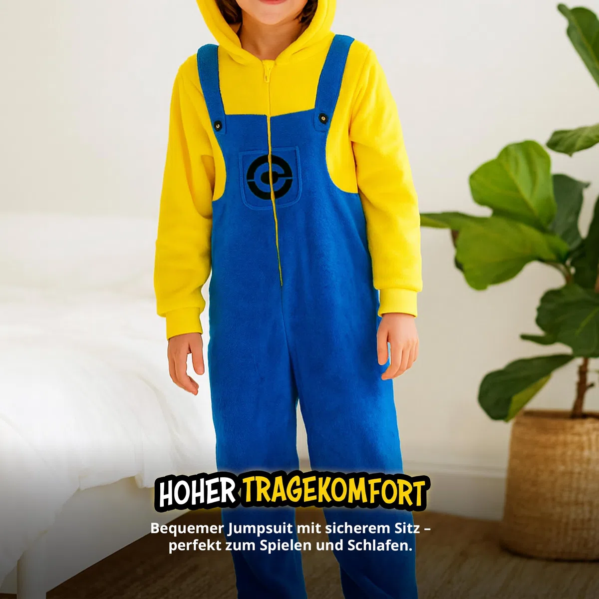 United Labels Minions Kostüm für Kinder, Gelb Blau, Jumpsuit Unisex, Overall mit Kapuze, Einteiler für Karneval Mottoparty