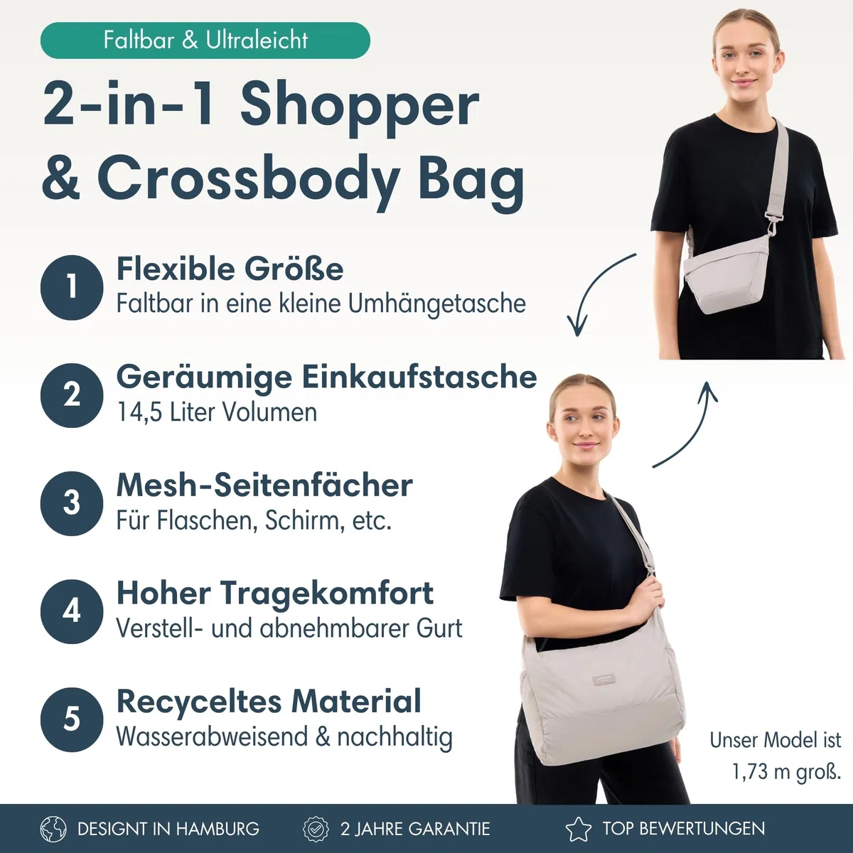 LARKSON Shopper Tasche Damen & Herren - Olea - Faltbare Schultertasche mit Reißverschluss - Foldable Shopping Bag - 14 Liter - Faltbar zu Crossbody Bag - Leicht