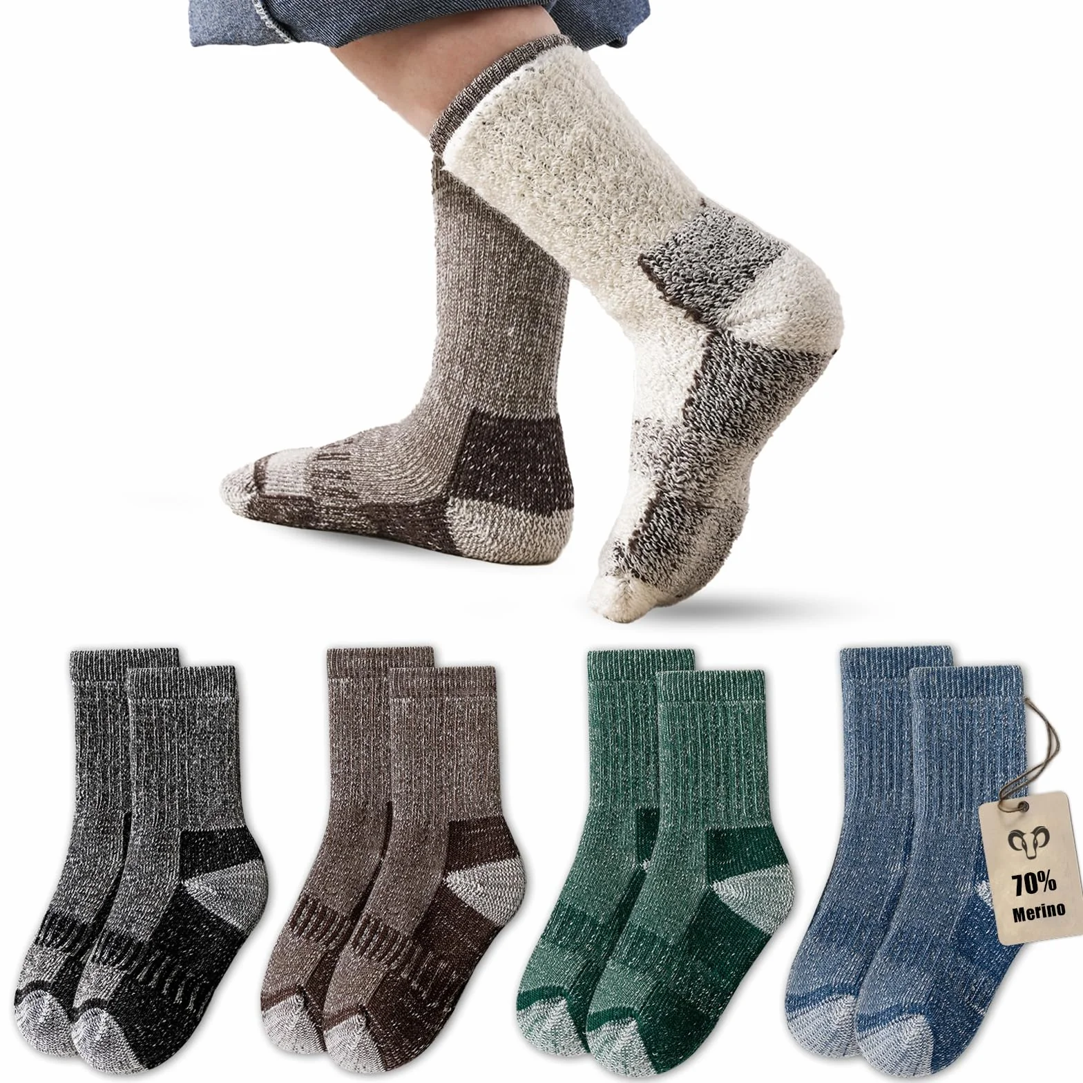 Vihir 4 Paar Wolle Socken Kinder Jungen - Crew Wolle Sportsocken Warme Wintersocken Dicke für Skifahren, Trekking, Wandern 22-26, 26-29, 39-34, 35-38