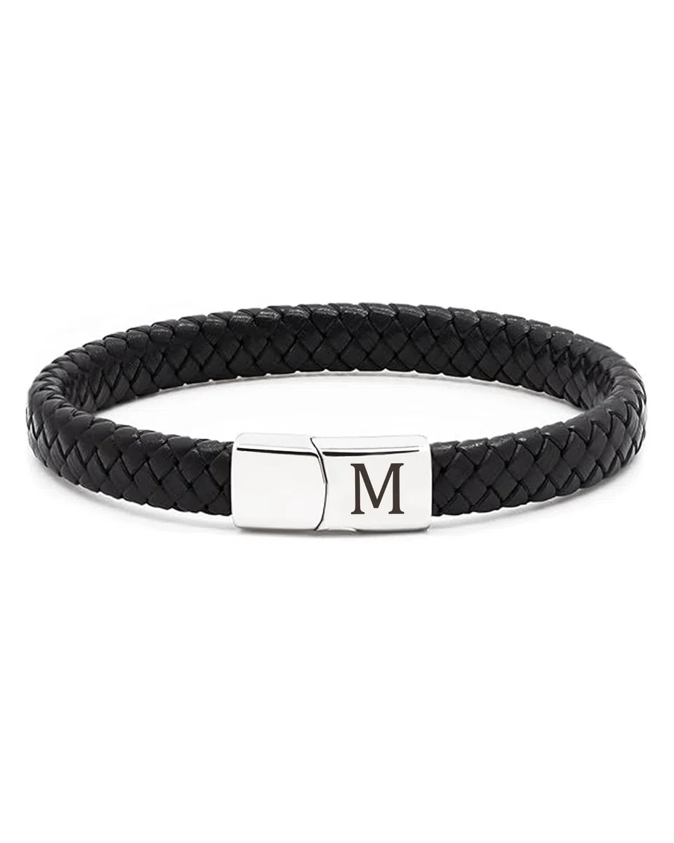 Lederarmband Herren Armband mit Buchstaben Gravur A-Z Buchstabe Armband Männer Schwarz Geflochten Leder Armbänder mit Magnetverschluss Vatertag Abitur Geburtstag Geschenke für Männer