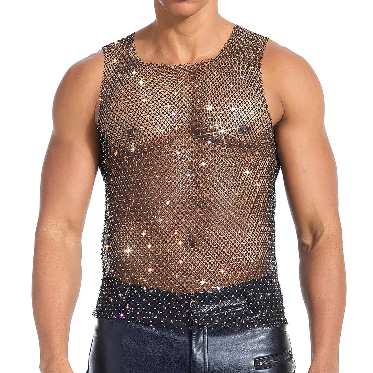 Herren Strassweste Sexy Transparentes Oberteil Fishnet Glitzer Netz Top Festival Durchsichtig Shirt