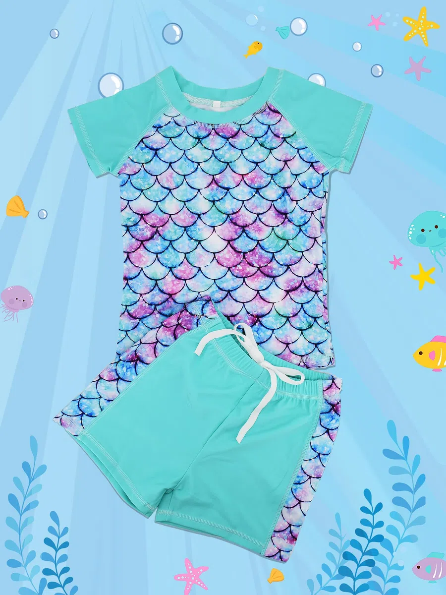 2-teiliger Mädchen-Badeanzug, 4–5 Jahre, Kinder-Badeanzug, Rashguard-Set, UV-Schutz, Bademode, Badeshorts, kurzärmelig, zweiteilig, für Strand, Pool, Sommer