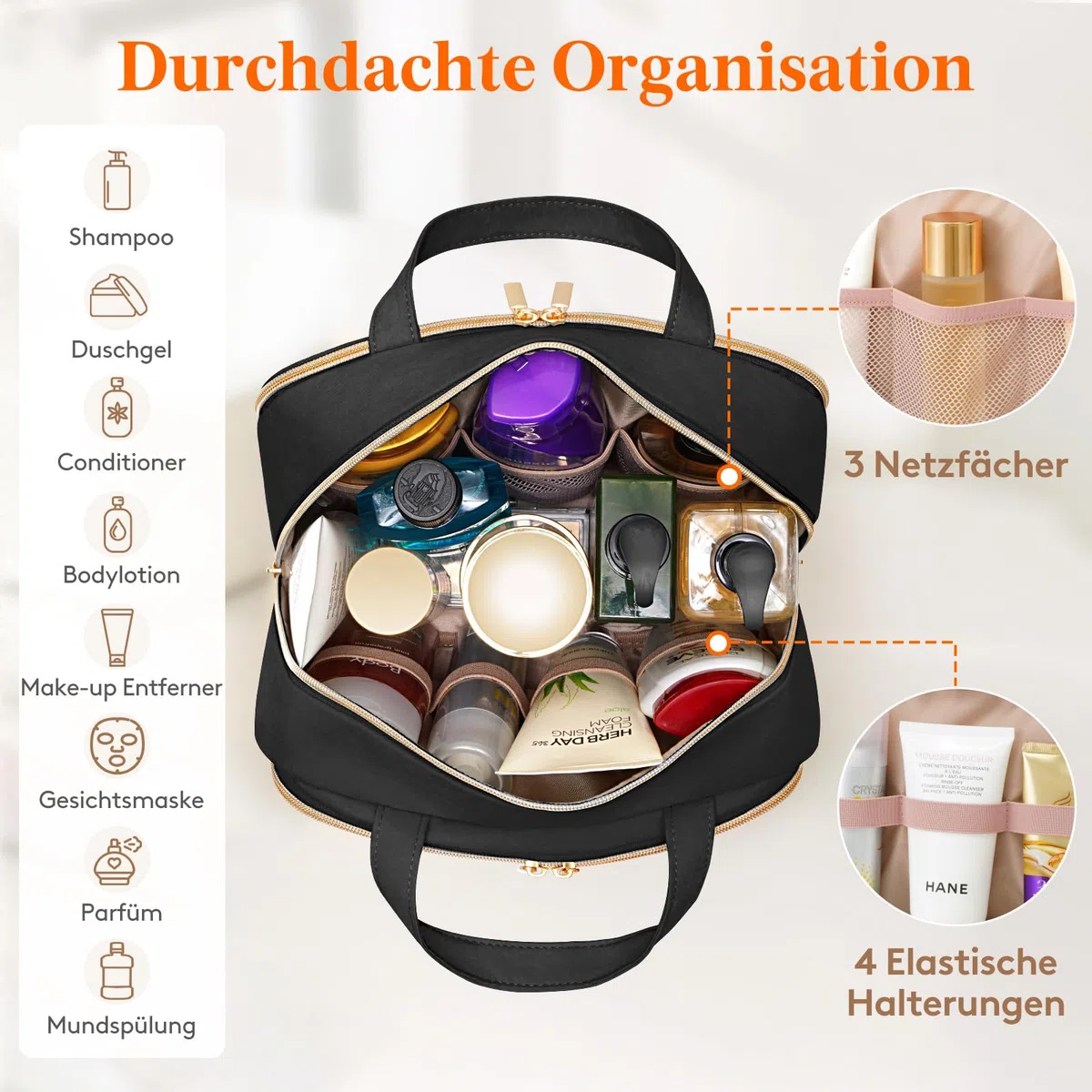 Lifewit Reise Kulturtasche Damen, 10L Groß Wasserabweisende Kulturbeutel mit Nassfach, Tragbare Schminktasche Waschtasche Organizer für Make up, Zubehör, Shampoo, Oilettenartikel, Alltag, Schwarz