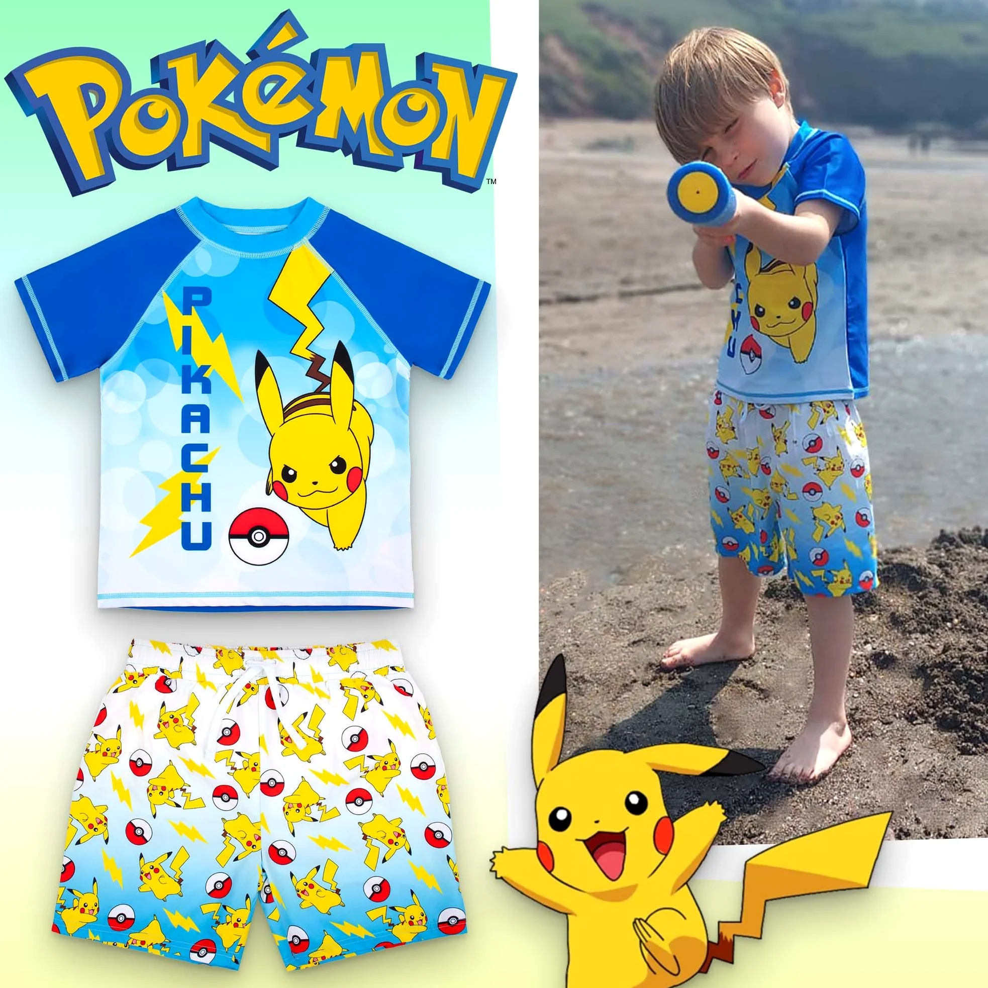 Pokémon-Badeset für Jungen, 2-teilige Badeshorts und T-Shirt, UV-Sonnenschutz-Badeanzug für Jungen im Alter von 5–12 Jahren