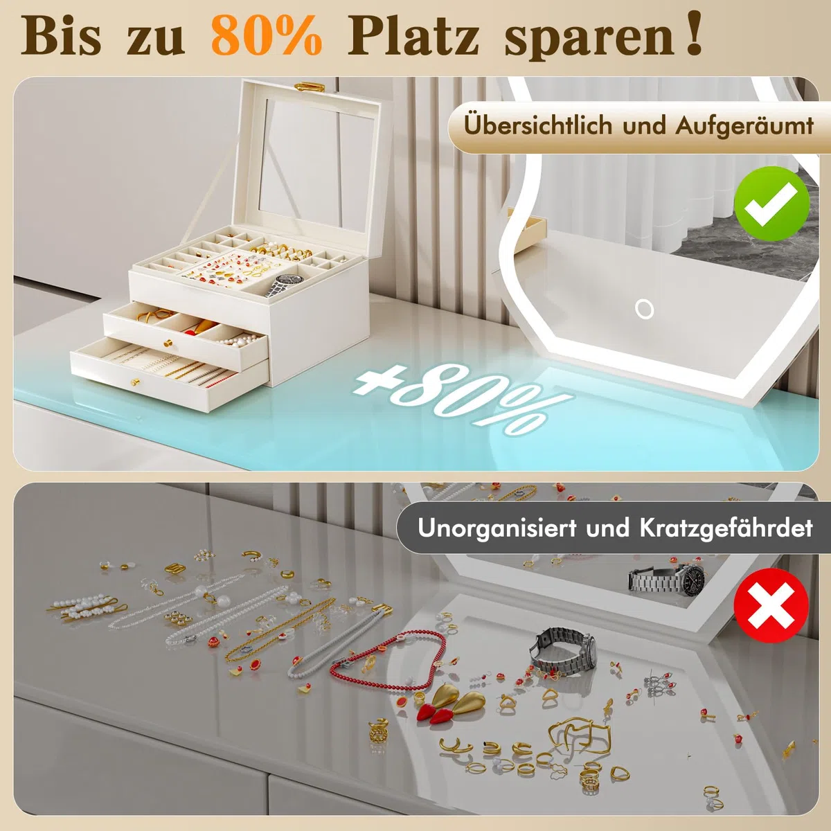 3-Stöckiger Schmuckkästchen Groß Schmuckorganizer mit transparentem Deckel für Schmuckstücke, Ketten & Armbänder, stabile Schmuckaufbewahrung mit Samtfutter (Mattweiß)