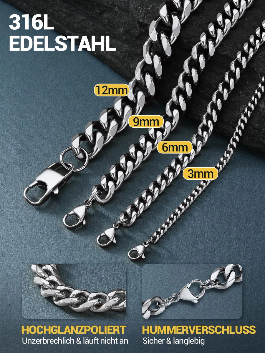 PROSTEEL Herren Halskette Klassische Panzerkette 3/6/9/12mm breit kubanische Gliederkette Herren Hip-Hop Kette Cuban Chain Necklace für Männer Jungen Edelstahl/18k vergoldet 36/46/51/55/61/66/71/76cm
