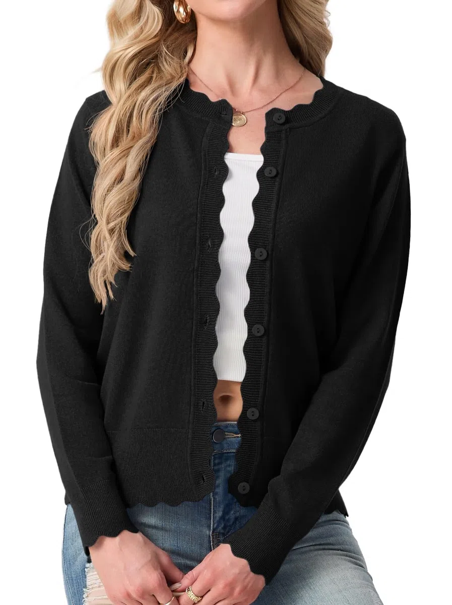 GRECERELLE Strickjacke Damen Kurz mit Rundhals und Knöpfen Leichte Langarm Cardigan Casual Wellenförmiger Rippensaum Strickjacken für Damen