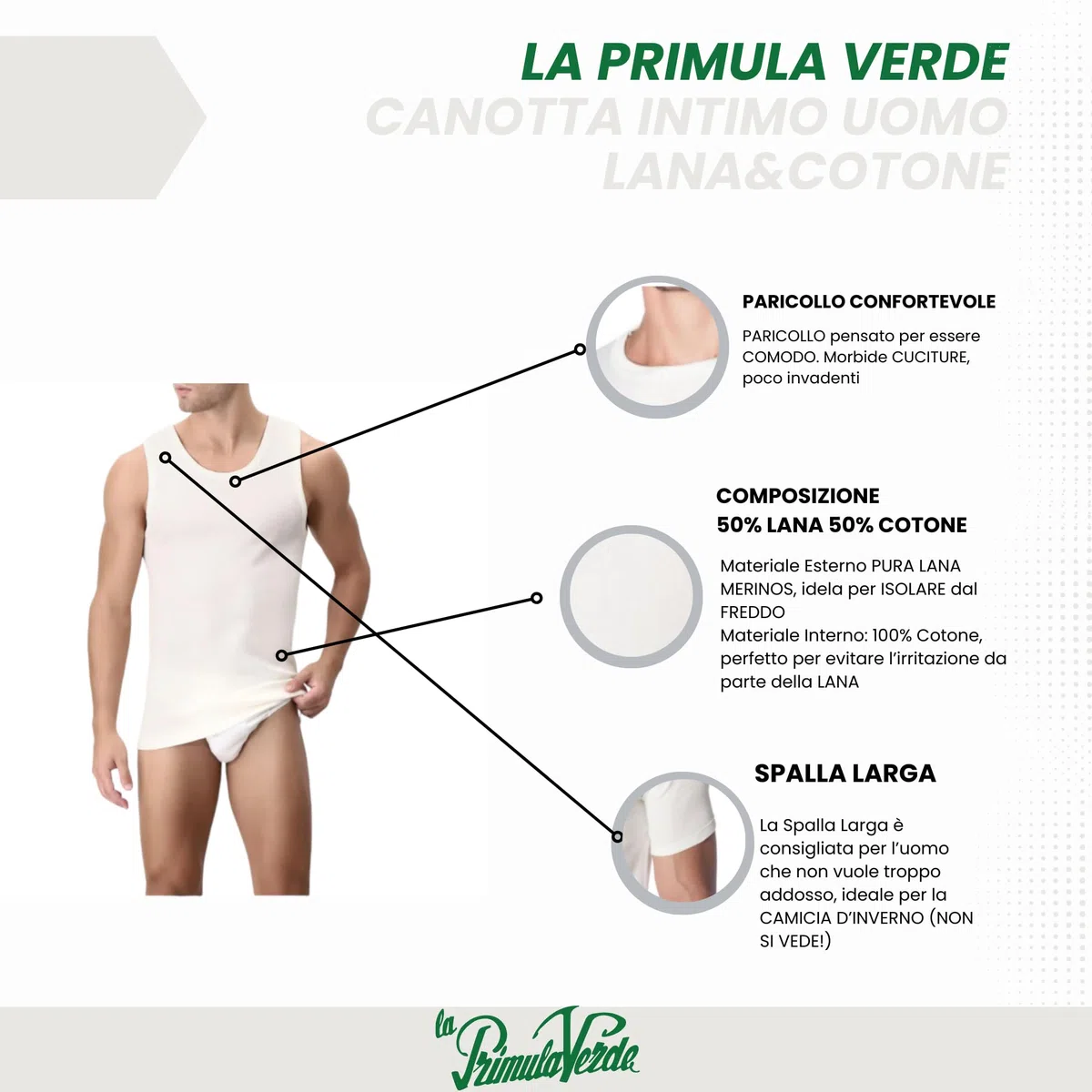 Unterhemd für Herren, breite Schultern, Wolle außen und Baumwolle auf der Haut, ideal für Thermotransportierung, Laufen, Fitnessstudio, Fußball, Radfahren, Thermounterhemd, Made in