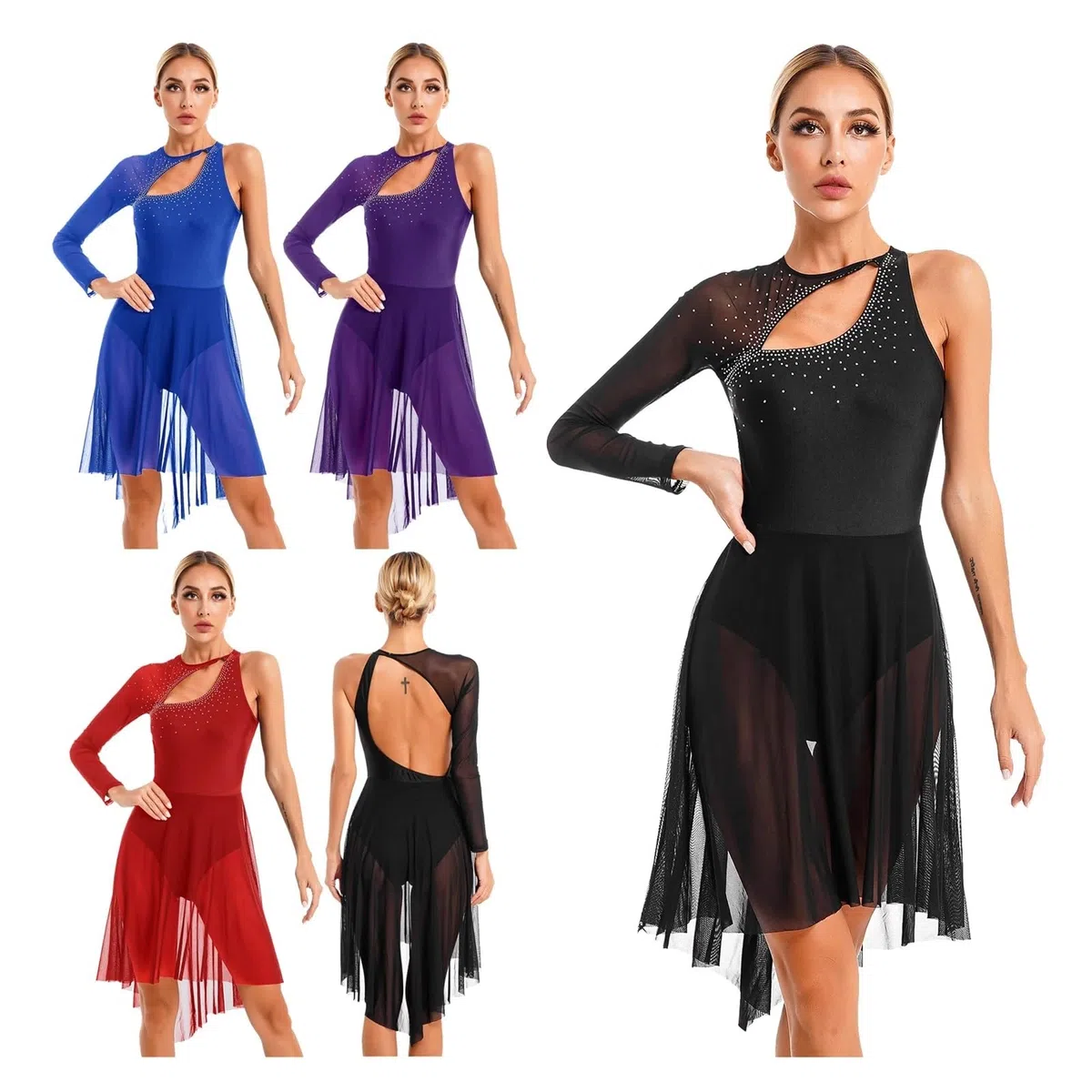 Eiskunstlaufkleid Damen Langarm Lyrisches Tanzkleid Bühnentanzbekleidung Transparentes Netz Gymnastikanzug Eislaufkostüm FüR MäDchen Und Damen
