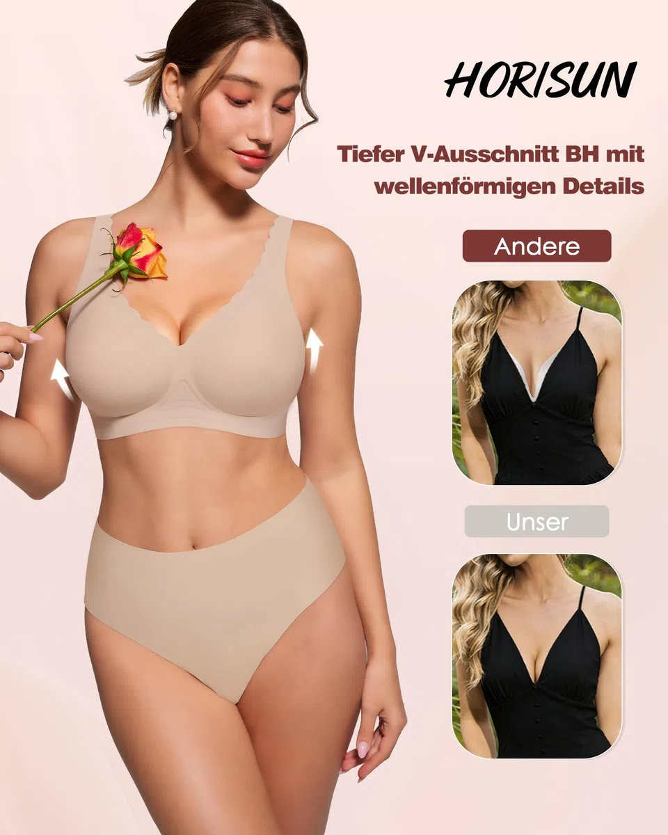 HORISUN Eleganter Bügelloser BH Damen Nahtloser Push Up V-Ausschnitt mit Wellrand T-Shirt BH Gepolsterte Körbchen Verstellbare Träger Jelly BH Alltag