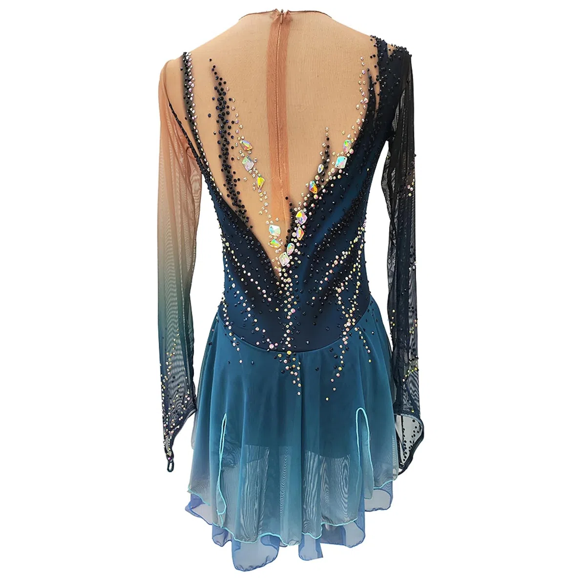 JRUIA Eiskunstlauf Kleid Für Damen Eislaufbekleidung Für Mädchen Dunkelblaues Halo Färben Elastizität Professionelle Wettkampf Skating Bekleidung Kristall Warmes Langarmshirt