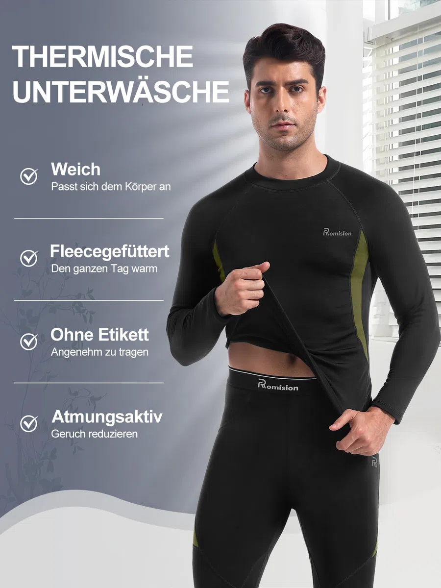 romision Thermounterwäsche Herren Funktionsunterwäsche Skiunterwäsche Atmungsaktiv Thermoaktiv Innenfleece Weich Thermo Unterwäsche 1/2er Set