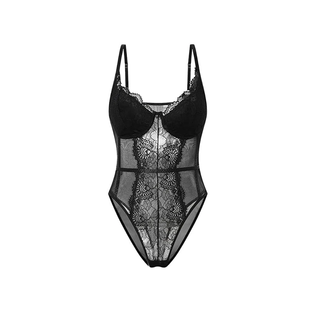 Body Damen Sexy Spitze Transparenter Sheer Mesh Bodysuit Top V Ausschnitt Spaghettiträger Bodys Slim Stretchy Jumpsuit Netz Unterziehbody Mode Rückenfrei Oberteil